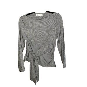 Zara Black White Houndstooth Side Tie Blouse Size Medium